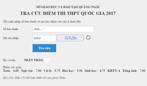 Cách tra cứu điểm thi THPT quốc gia 2017 của tỉnh Quảng Ngãi